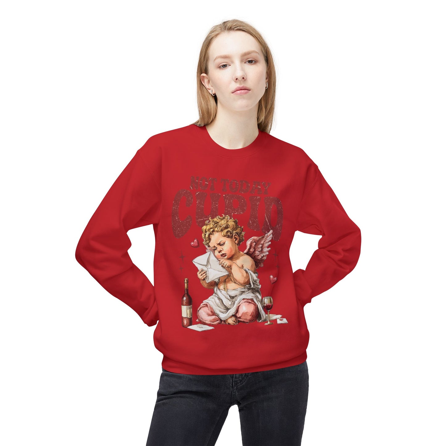 Crewneck Unisex Sweatshirt — "Not Today Cupid" Vintage Cherub Valentine Anti-Love Pullover