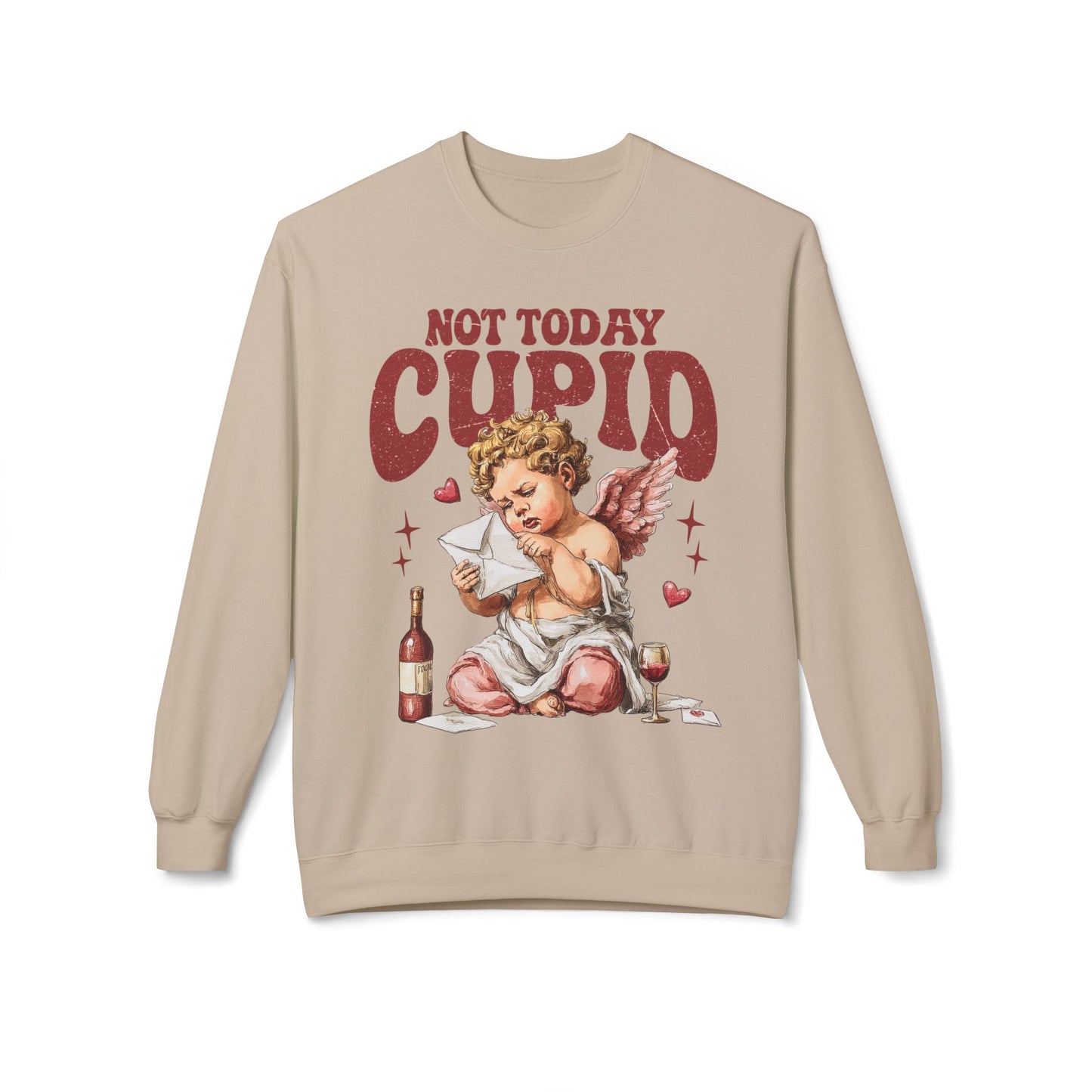 Crewneck Unisex Sweatshirt — "Not Today Cupid" Vintage Cherub Valentine Anti-Love Pullover
