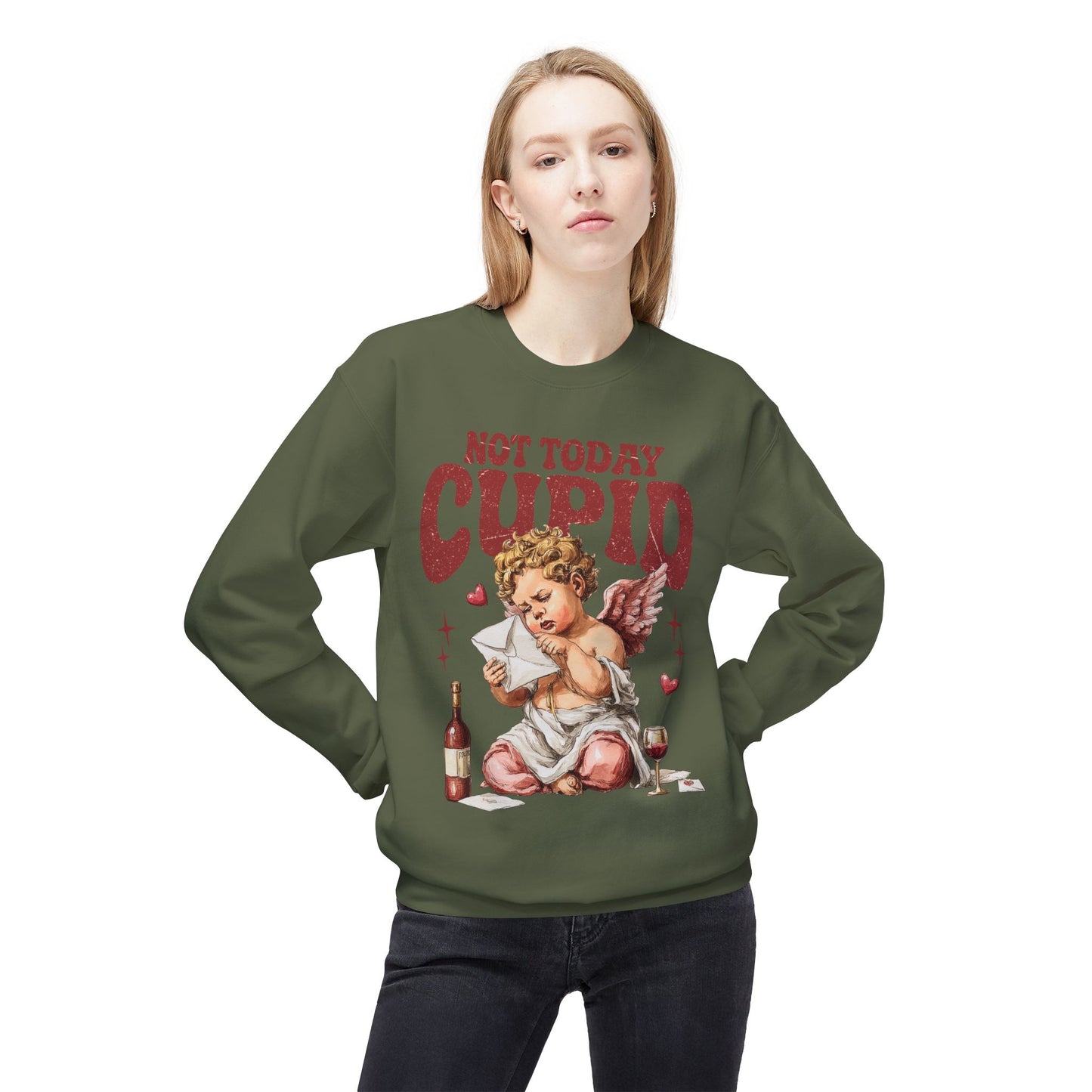 Crewneck Unisex Sweatshirt — "Not Today Cupid" Vintage Cherub Valentine Anti-Love Pullover