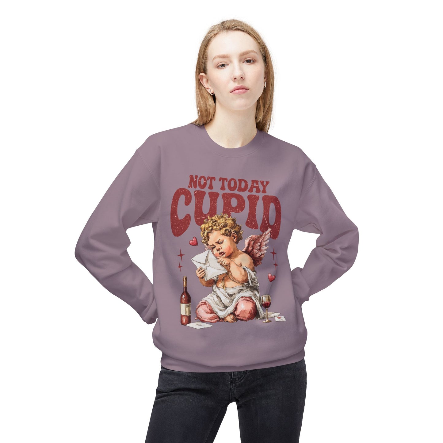Crewneck Unisex Sweatshirt — "Not Today Cupid" Vintage Cherub Valentine Anti-Love Pullover