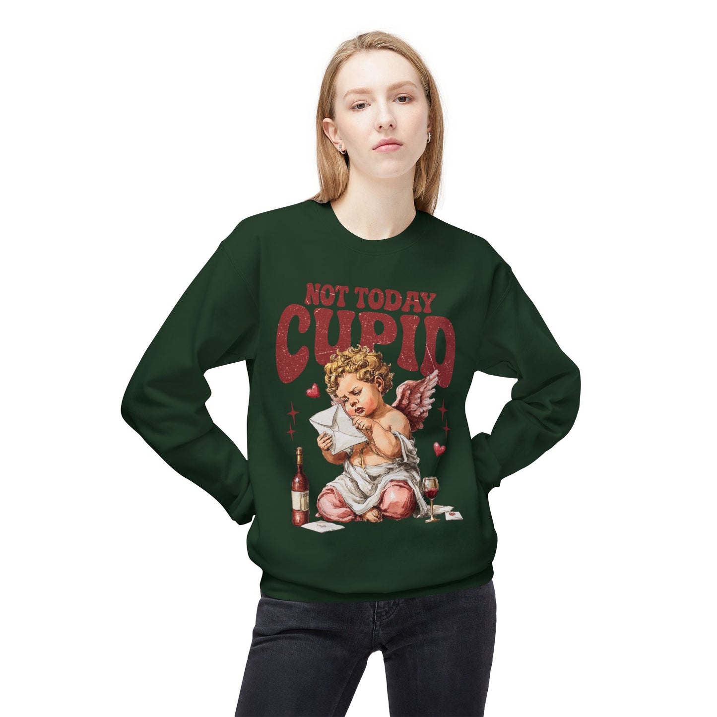 Crewneck Unisex Sweatshirt — "Not Today Cupid" Vintage Cherub Valentine Anti-Love Pullover