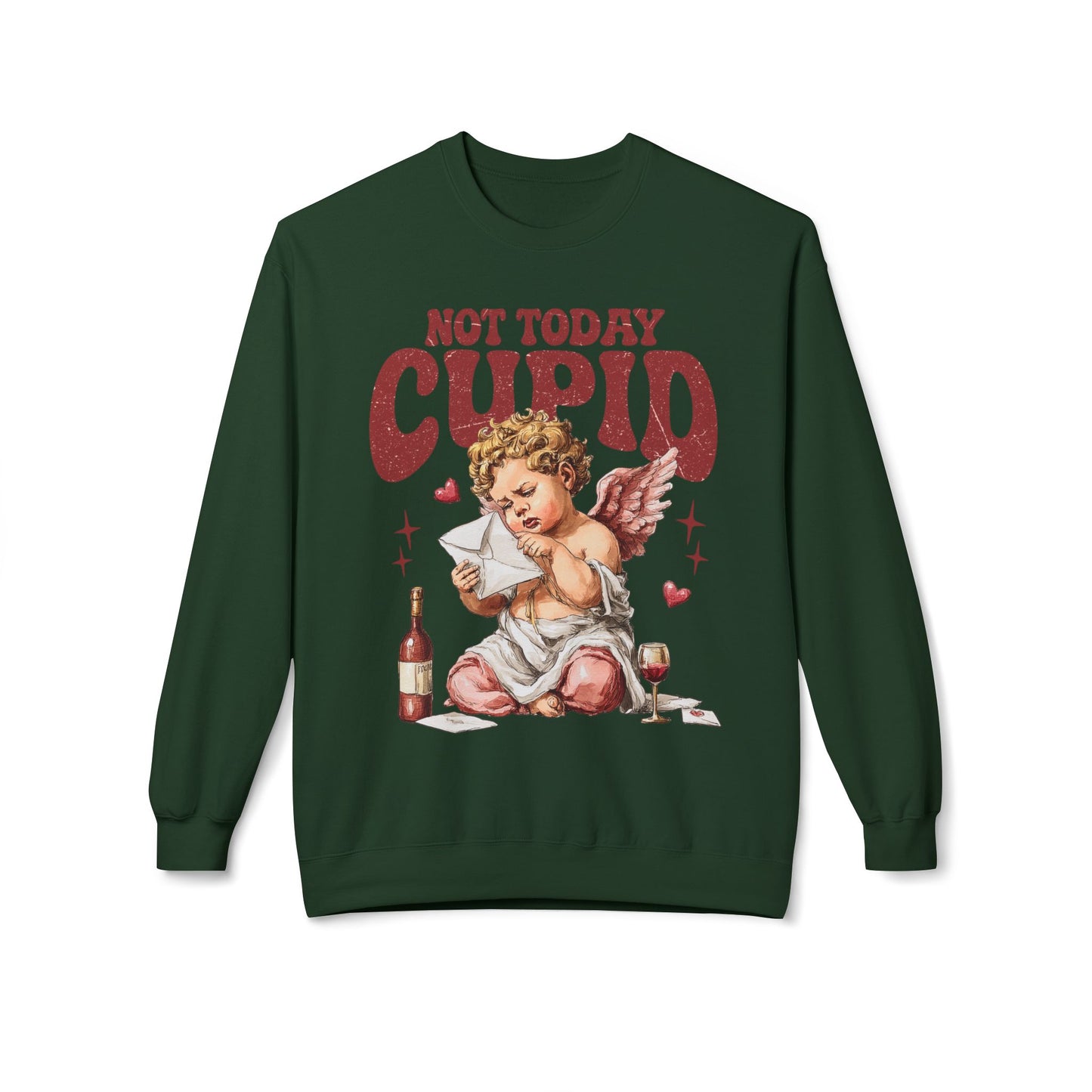 Crewneck Unisex Sweatshirt — "Not Today Cupid" Vintage Cherub Valentine Anti-Love Pullover