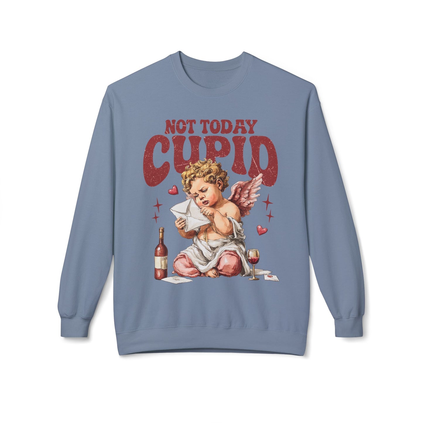 Crewneck Unisex Sweatshirt — "Not Today Cupid" Vintage Cherub Valentine Anti-Love Pullover