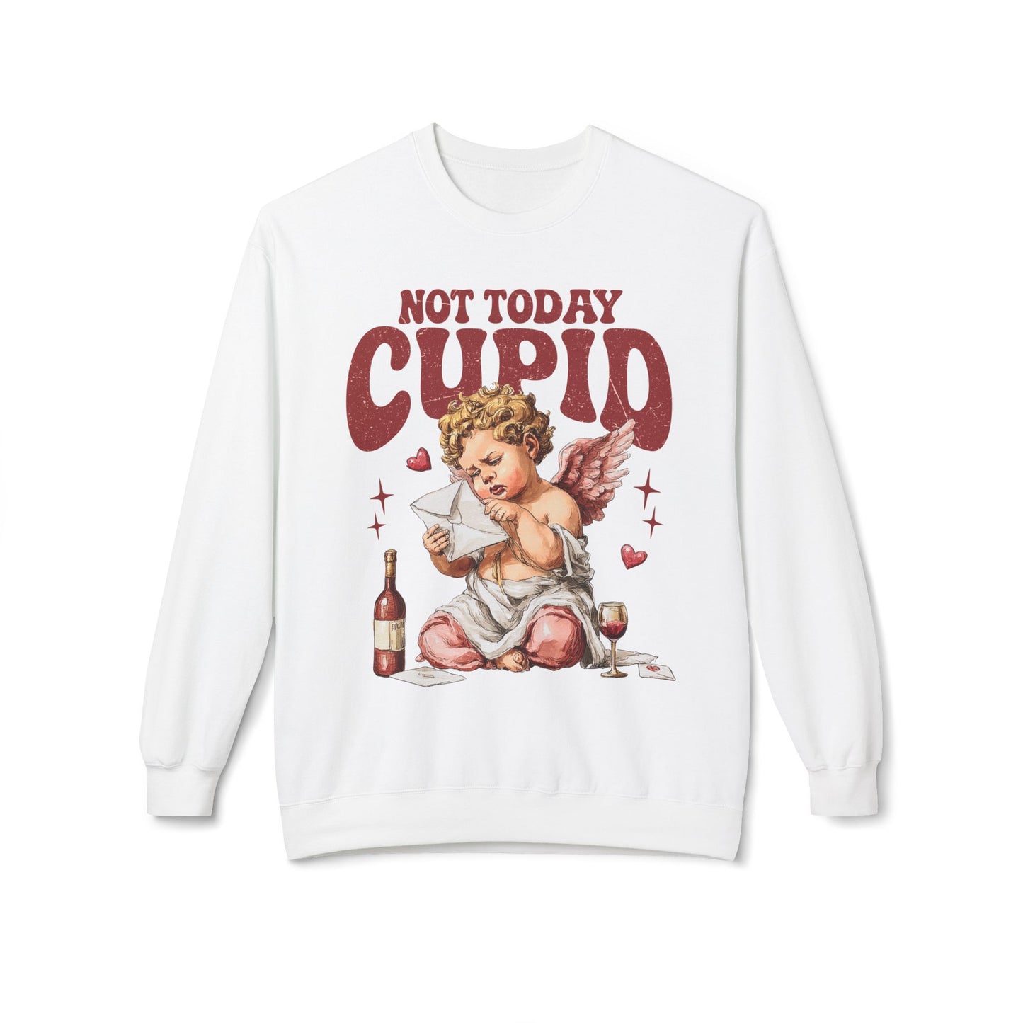 Crewneck Unisex Sweatshirt — "Not Today Cupid" Vintage Cherub Valentine Anti-Love Pullover
