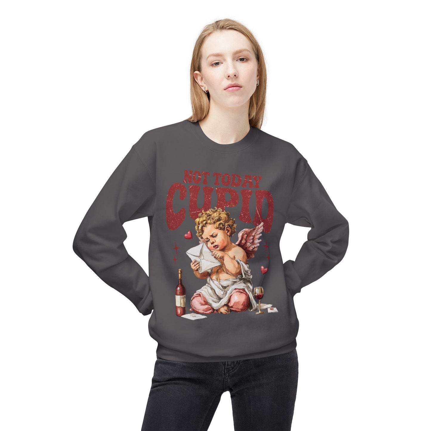 Crewneck Unisex Sweatshirt — "Not Today Cupid" Vintage Cherub Valentine Anti-Love Pullover