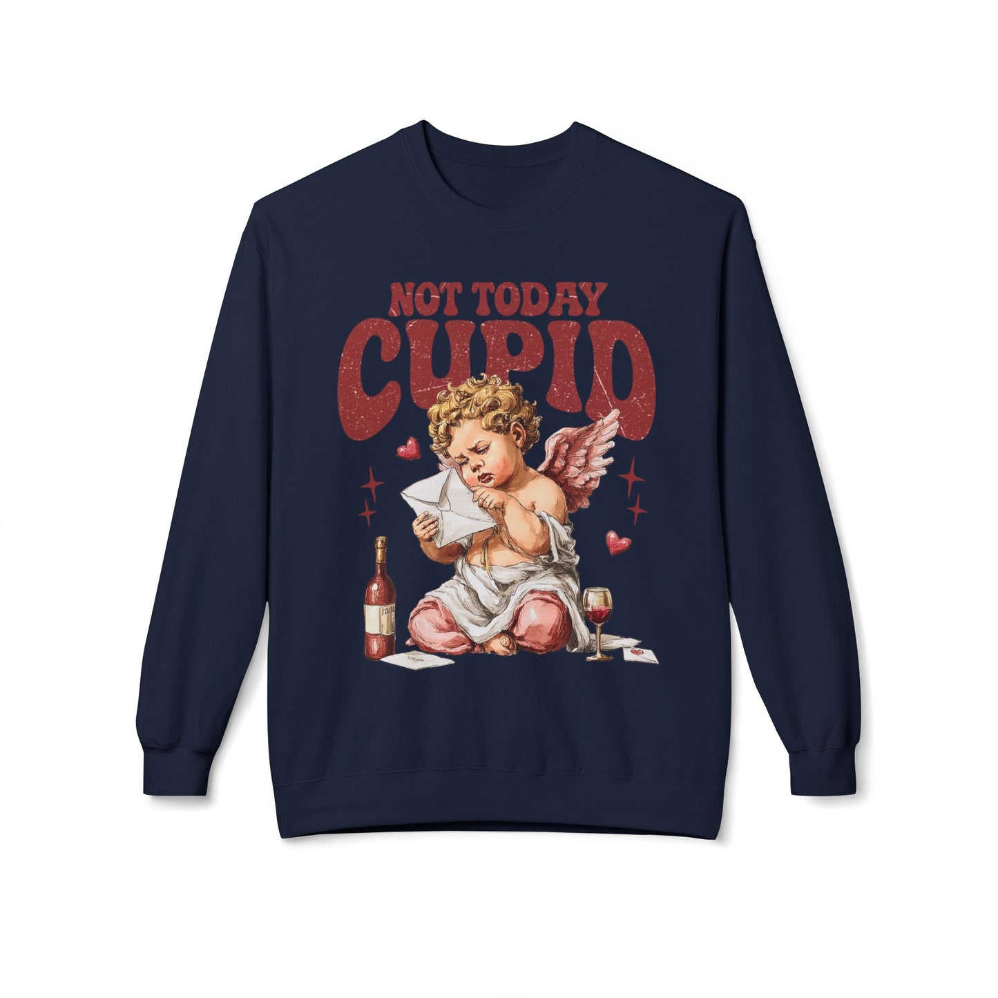 Crewneck Unisex Sweatshirt — "Not Today Cupid" Vintage Cherub Valentine Anti-Love Pullover