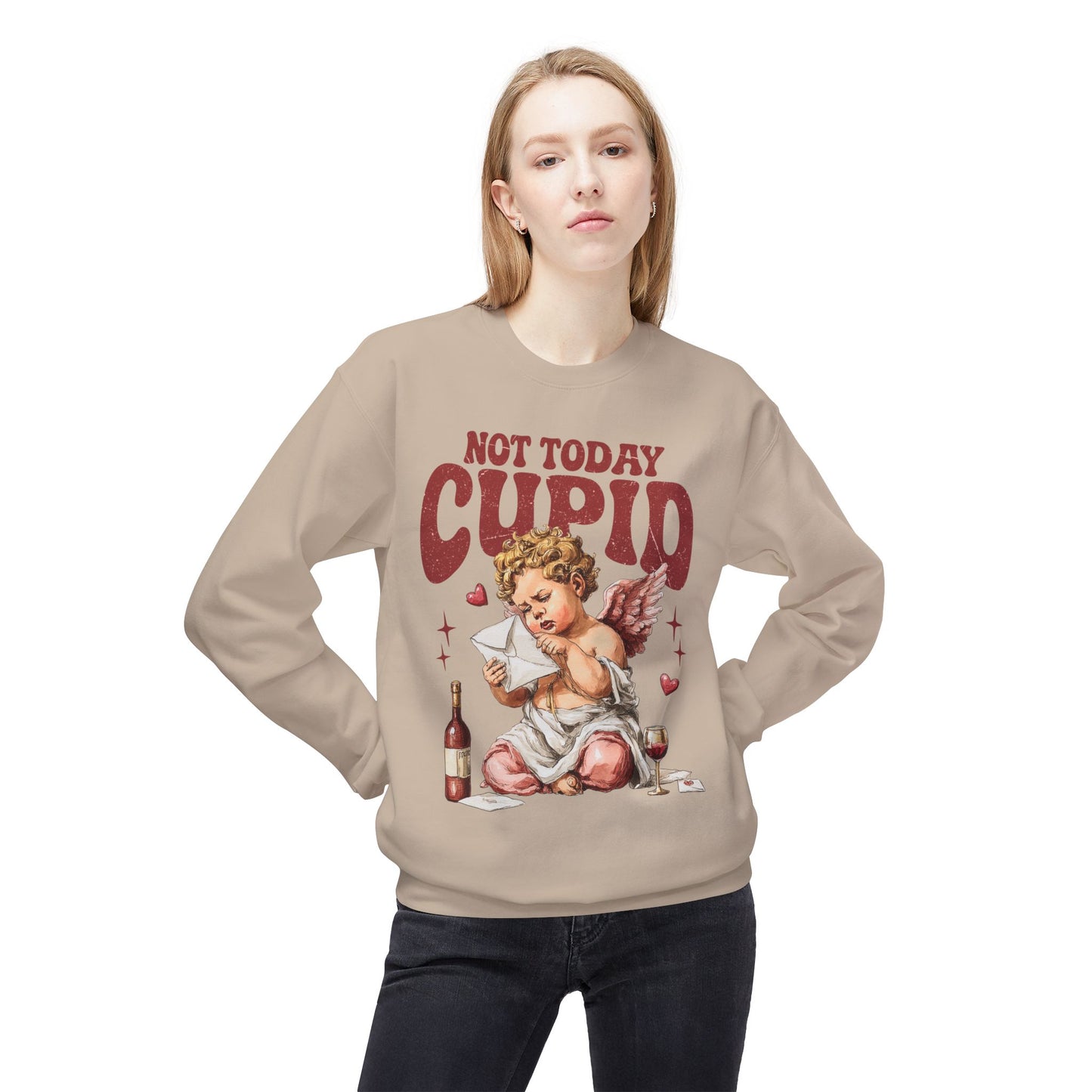Crewneck Unisex Sweatshirt — "Not Today Cupid" Vintage Cherub Valentine Anti-Love Pullover