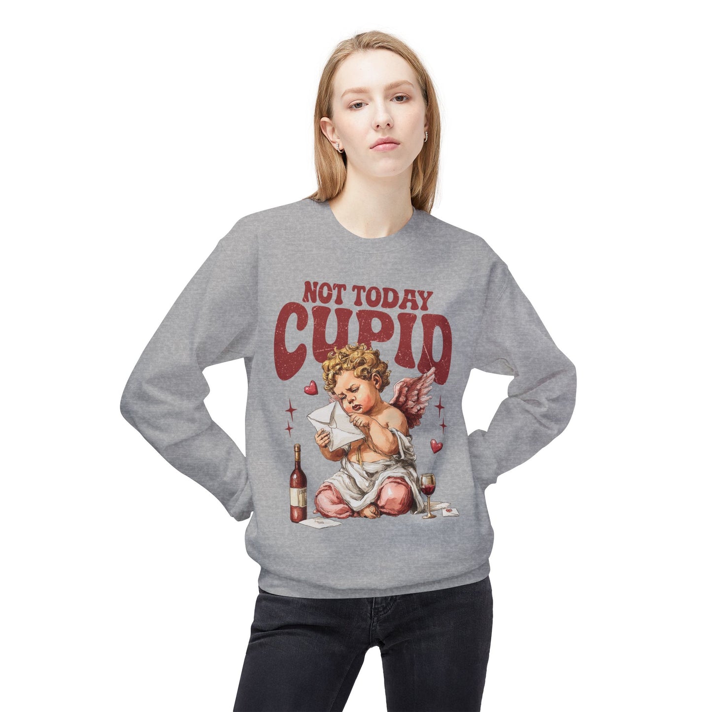 Crewneck Unisex Sweatshirt — "Not Today Cupid" Vintage Cherub Valentine Anti-Love Pullover
