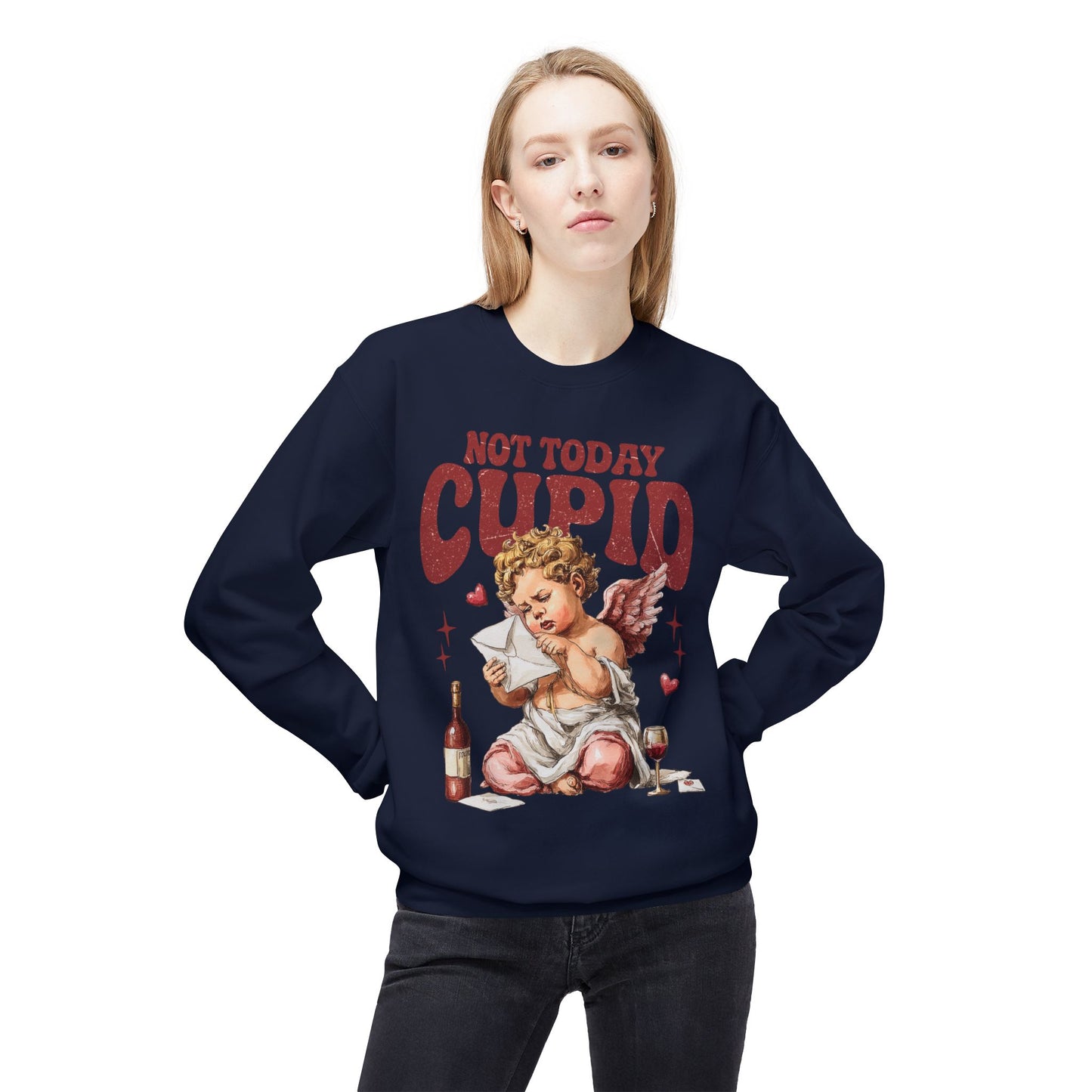 Crewneck Unisex Sweatshirt — "Not Today Cupid" Vintage Cherub Valentine Anti-Love Pullover