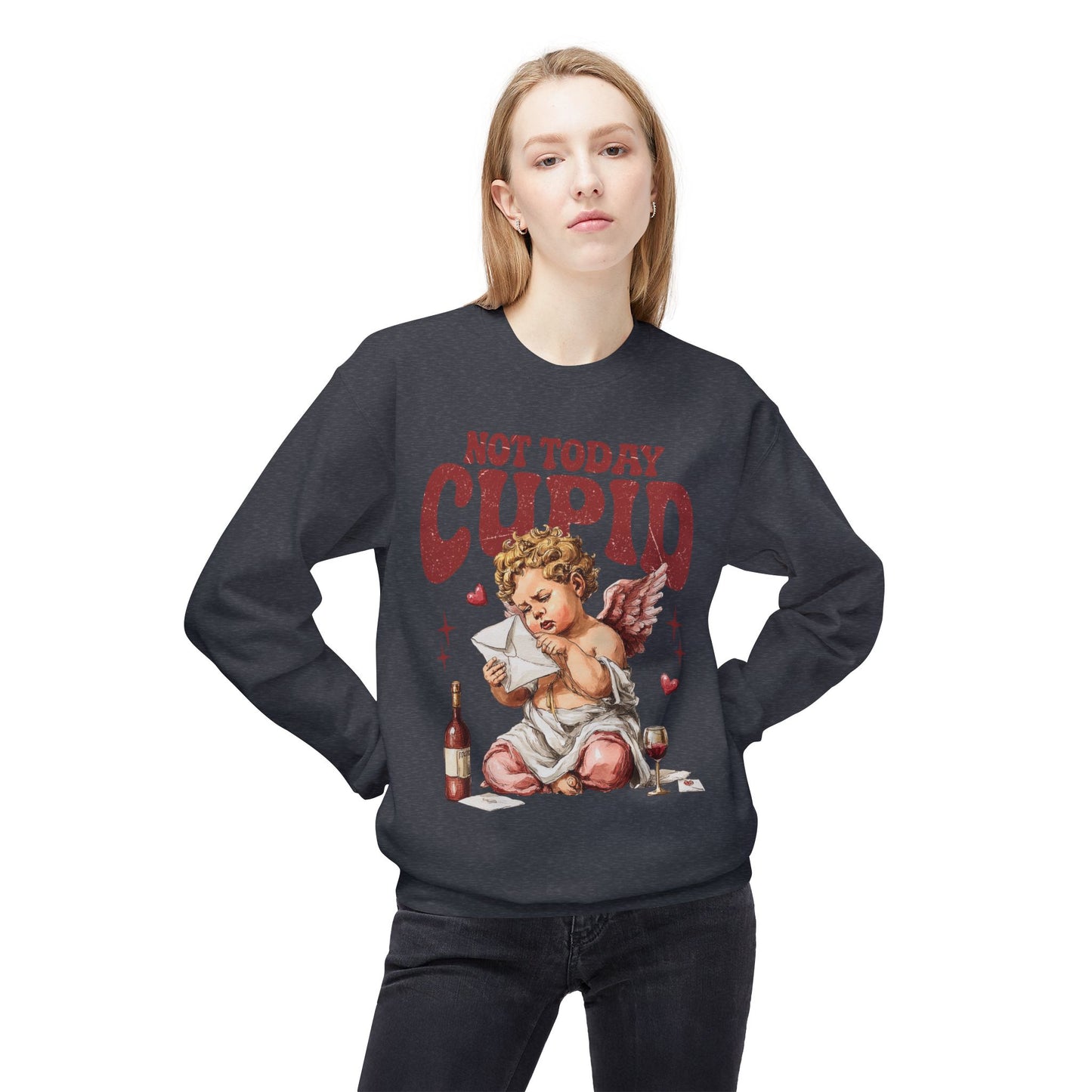 Crewneck Unisex Sweatshirt — "Not Today Cupid" Vintage Cherub Valentine Anti-Love Pullover