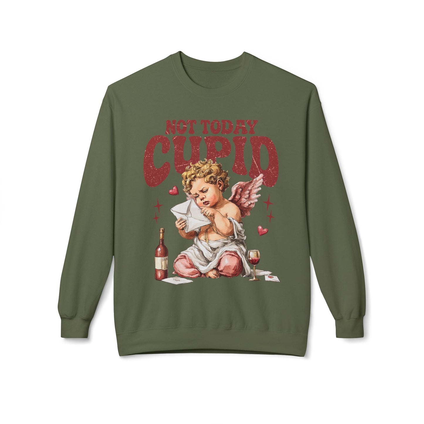 Crewneck Unisex Sweatshirt — "Not Today Cupid" Vintage Cherub Valentine Anti-Love Pullover