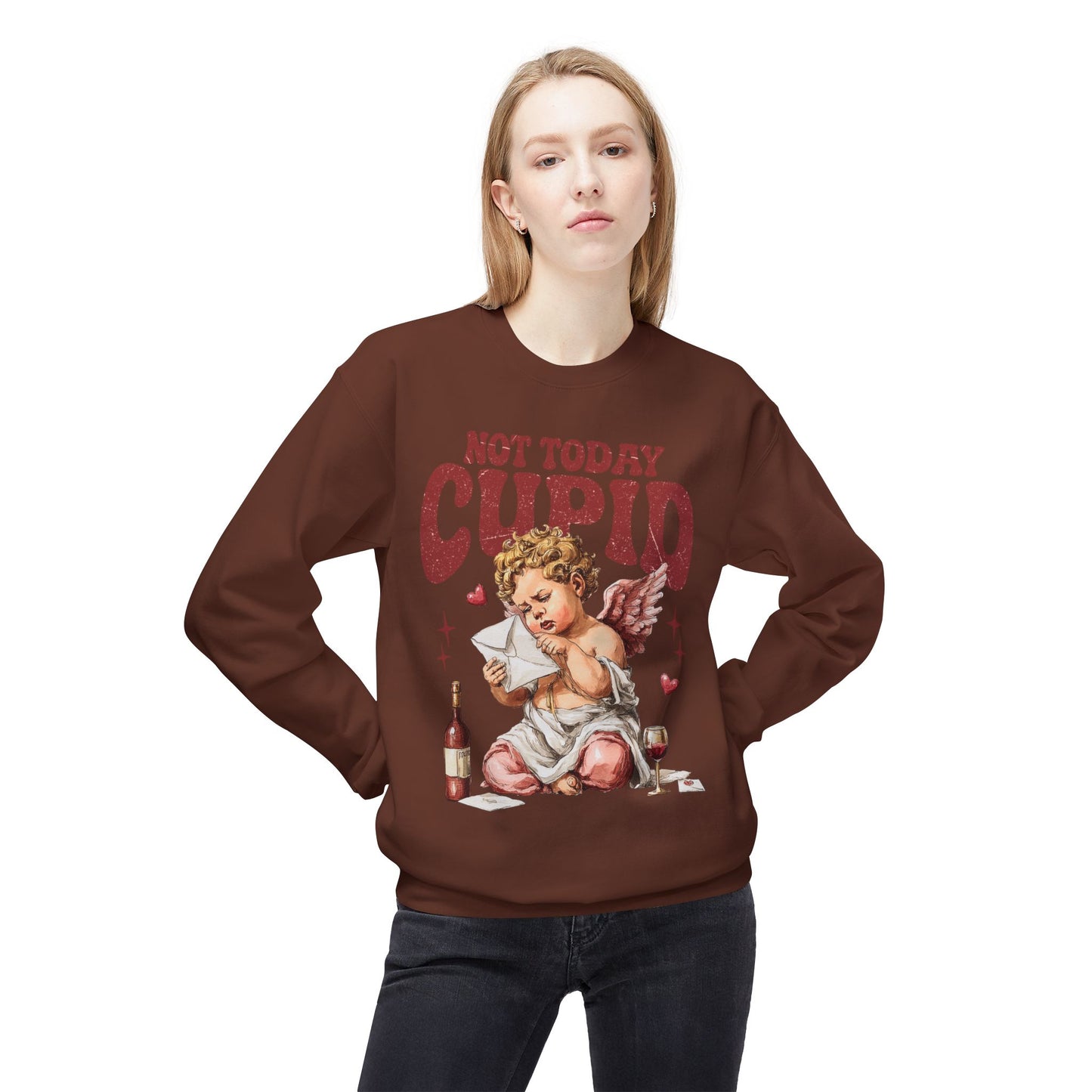 Crewneck Unisex Sweatshirt — "Not Today Cupid" Vintage Cherub Valentine Anti-Love Pullover