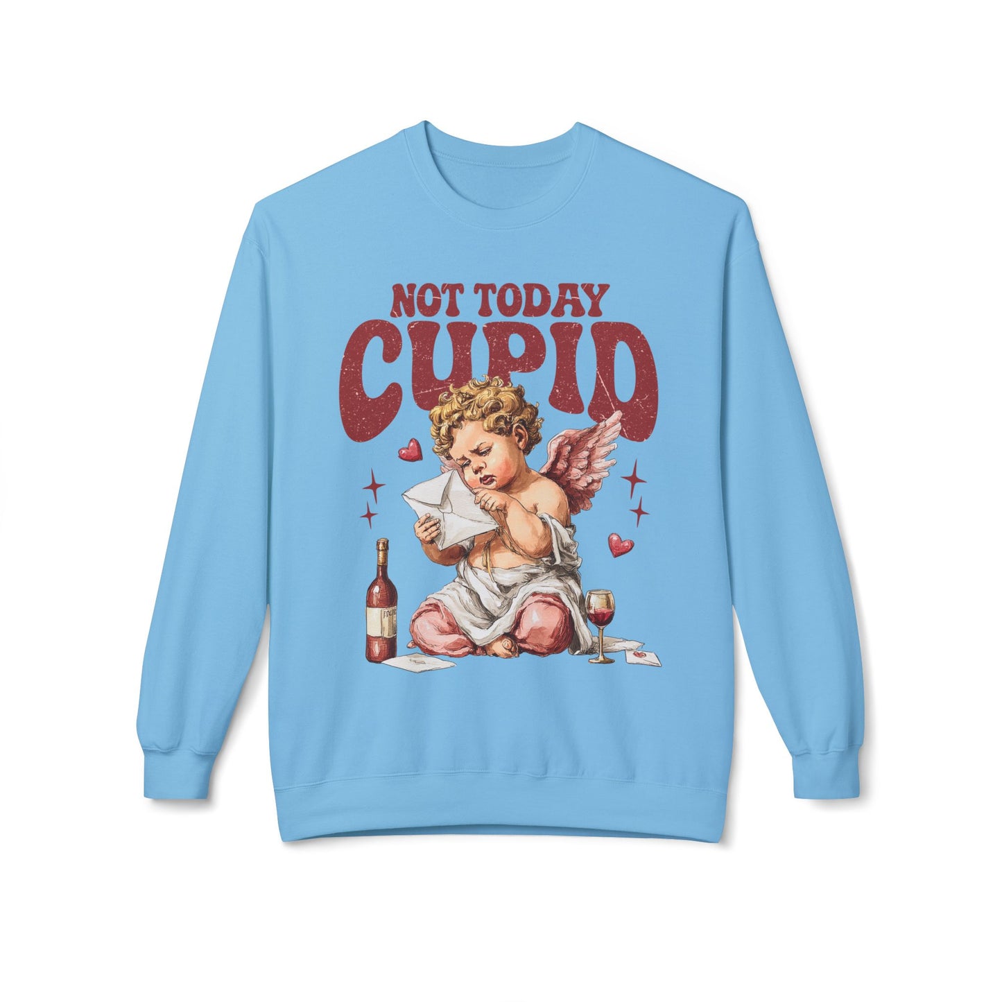 Crewneck Unisex Sweatshirt — "Not Today Cupid" Vintage Cherub Valentine Anti-Love Pullover