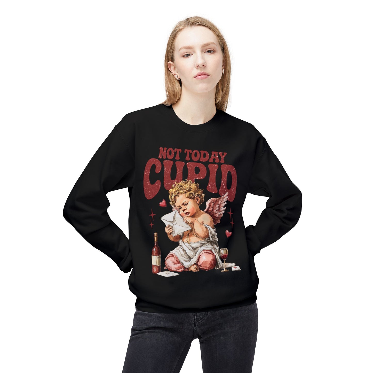 Crewneck Unisex Sweatshirt — "Not Today Cupid" Vintage Cherub Valentine Anti-Love Pullover