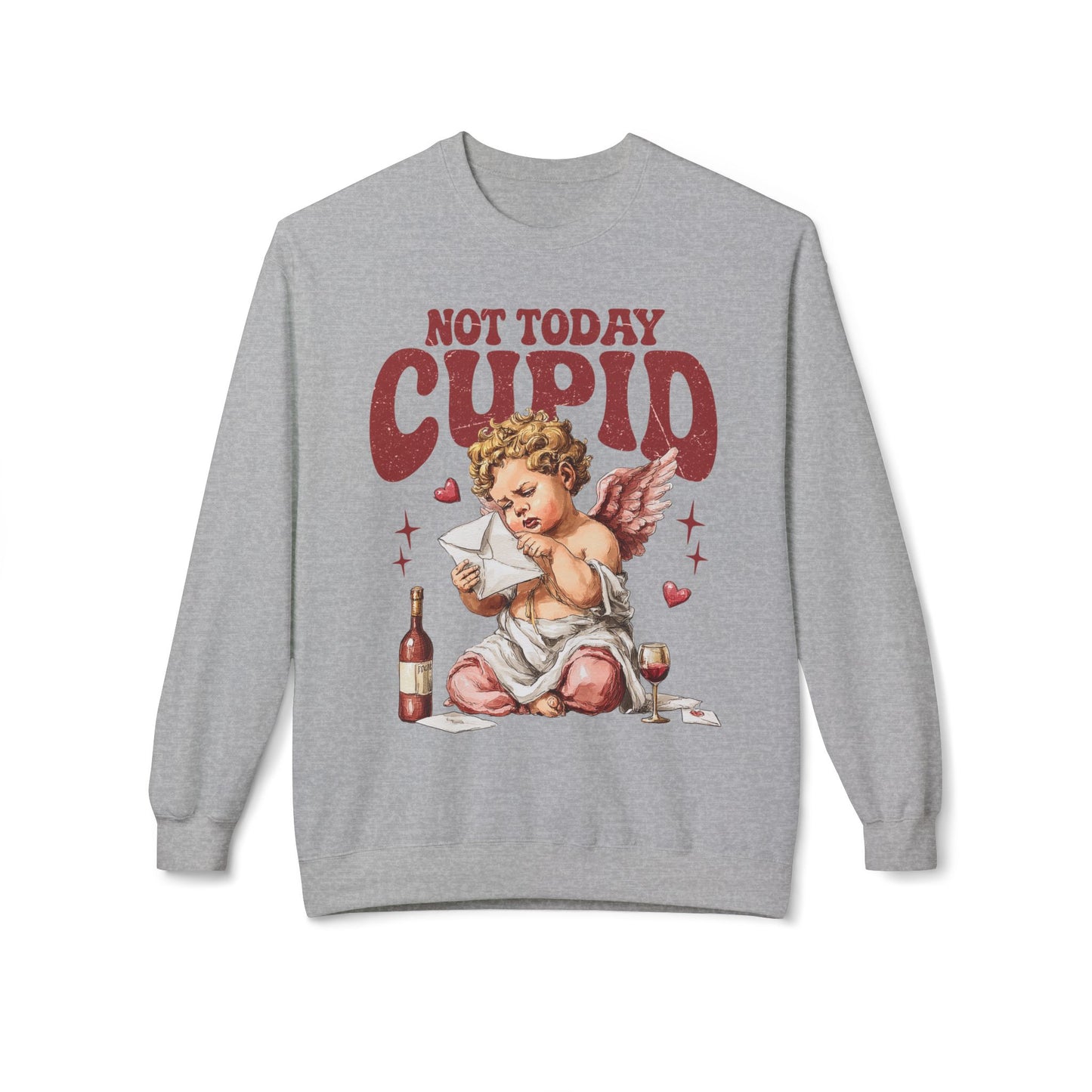Crewneck Unisex Sweatshirt — "Not Today Cupid" Vintage Cherub Valentine Anti-Love Pullover