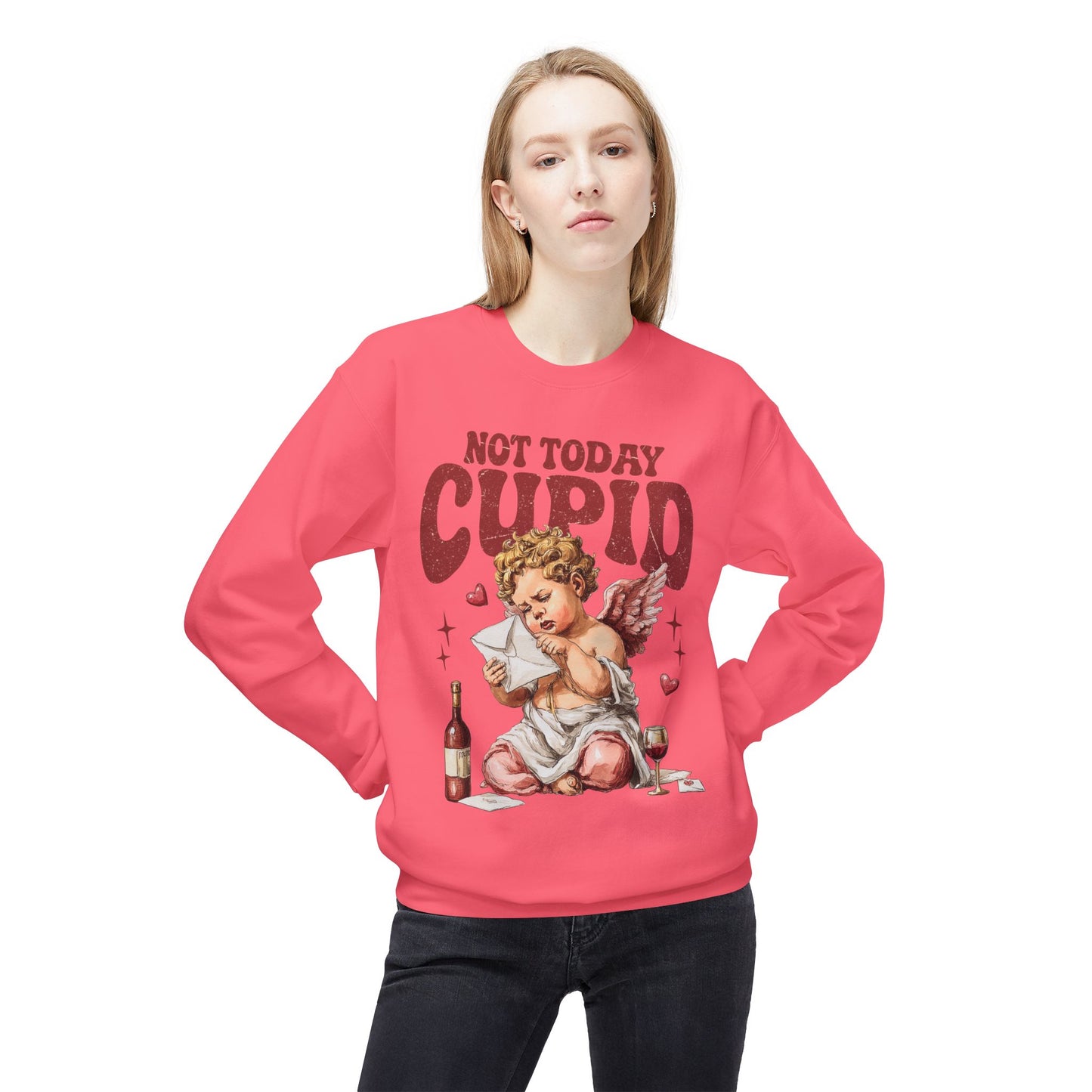 Crewneck Unisex Sweatshirt — "Not Today Cupid" Vintage Cherub Valentine Anti-Love Pullover