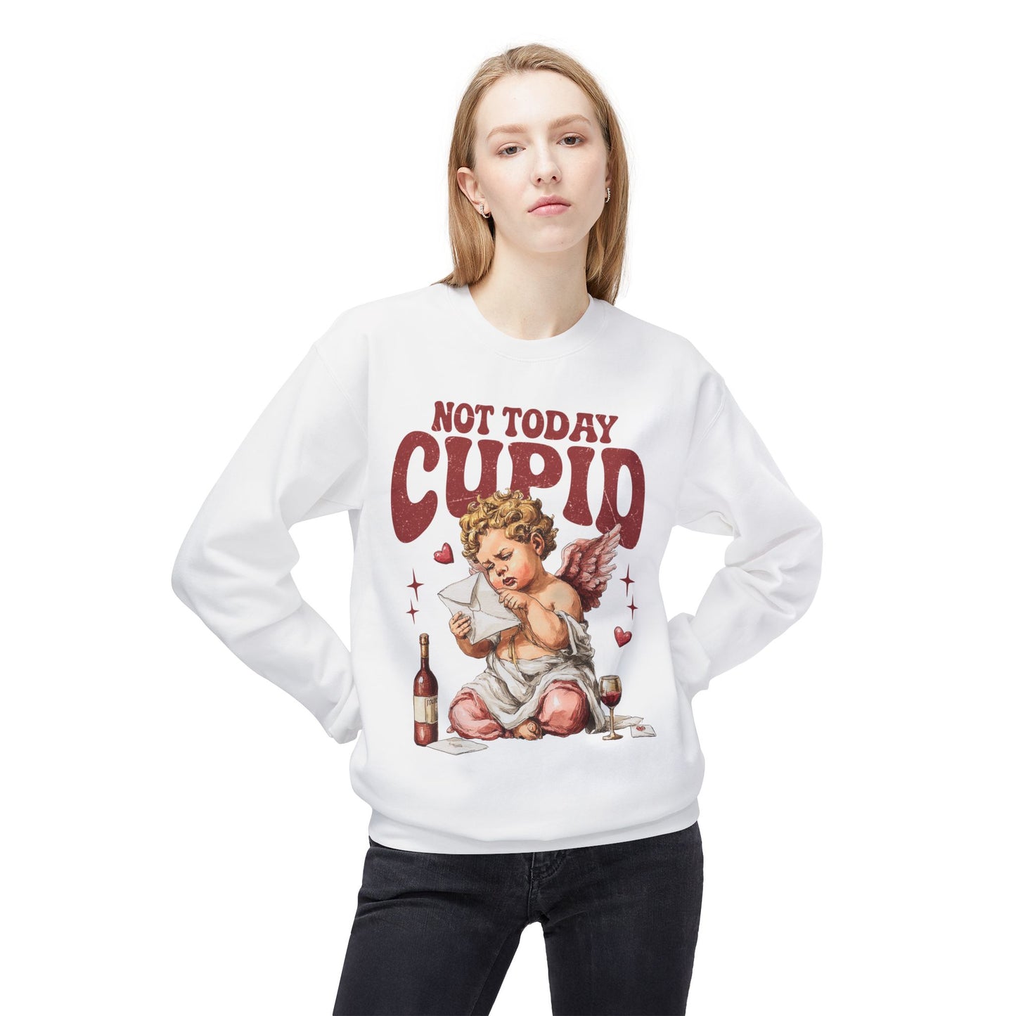 Crewneck Unisex Sweatshirt — "Not Today Cupid" Vintage Cherub Valentine Anti-Love Pullover