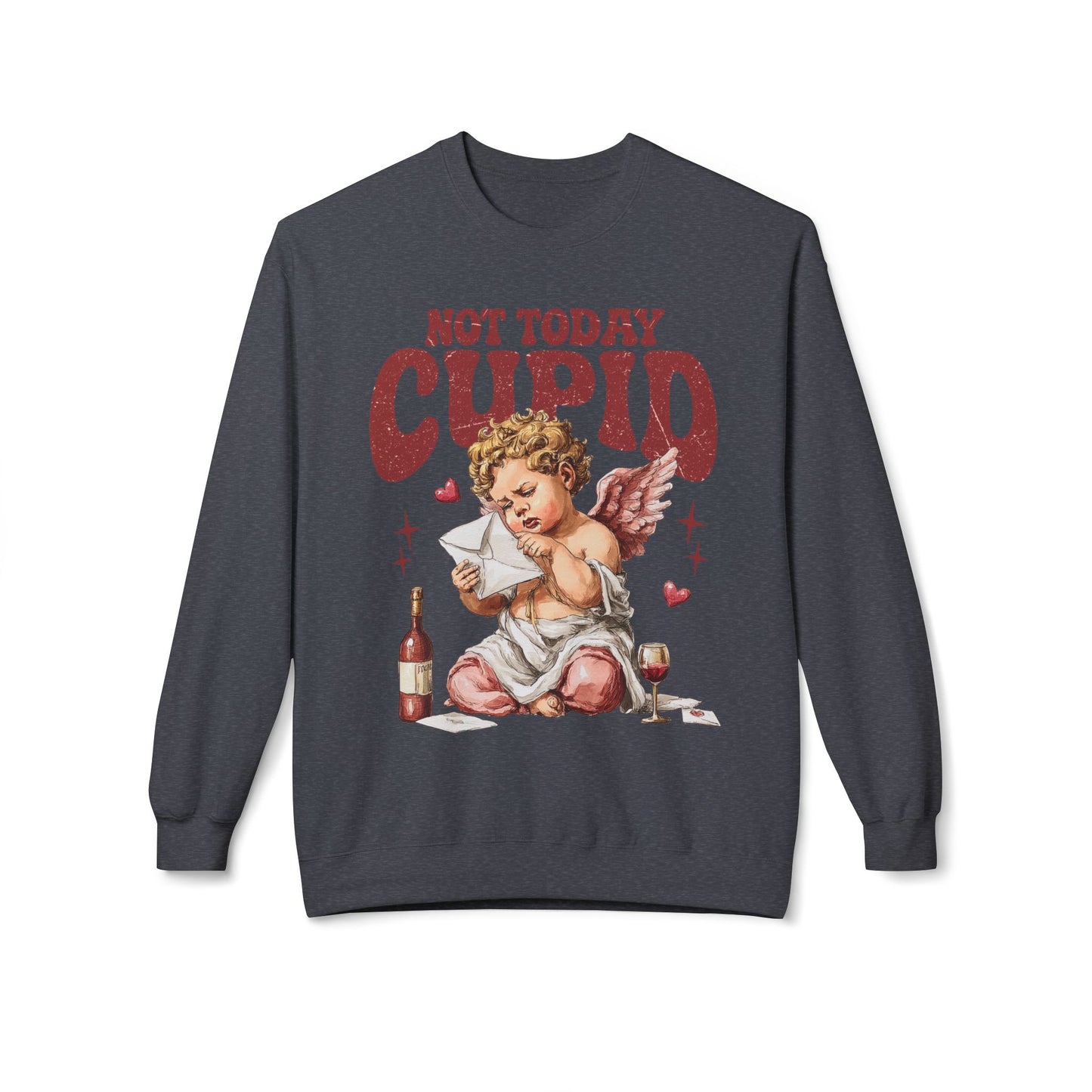 Crewneck Unisex Sweatshirt — "Not Today Cupid" Vintage Cherub Valentine Anti-Love Pullover