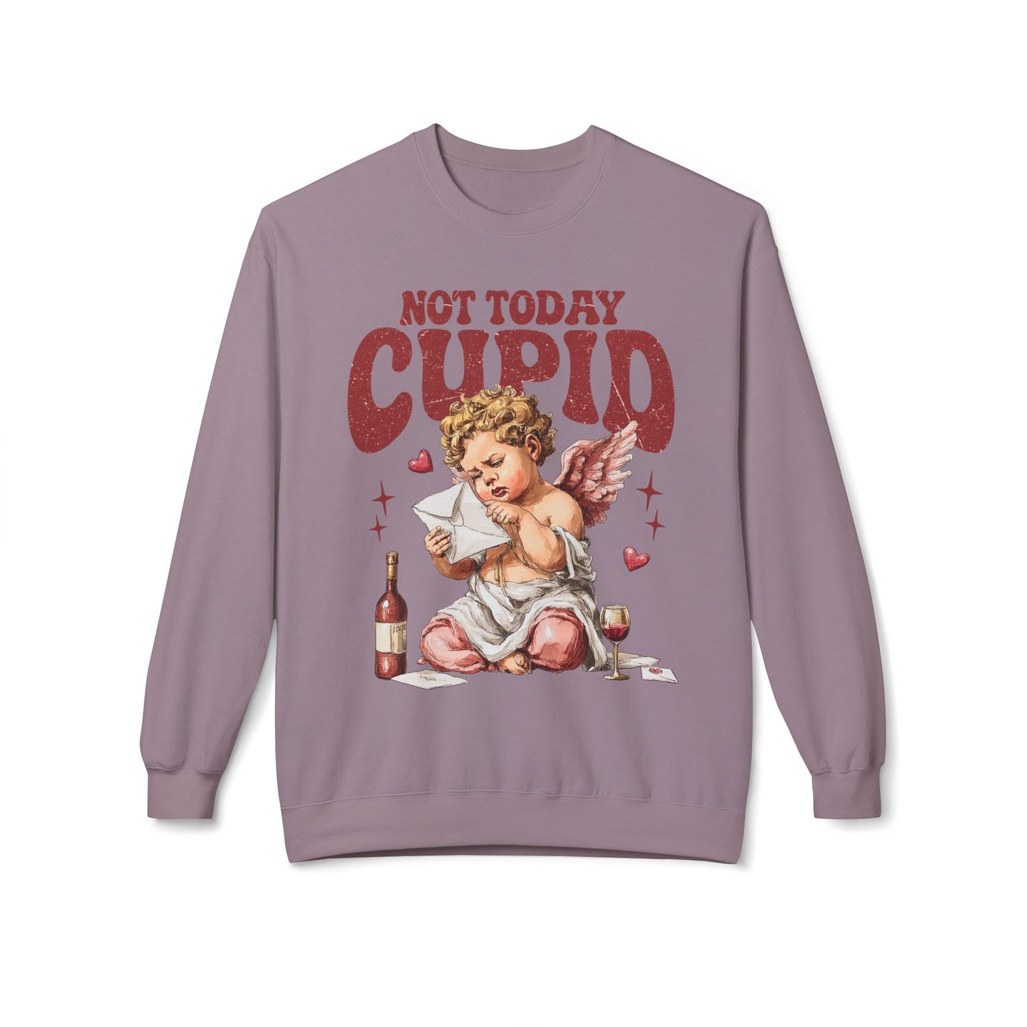 Crewneck Unisex Sweatshirt — "Not Today Cupid" Vintage Cherub Valentine Anti-Love Pullover