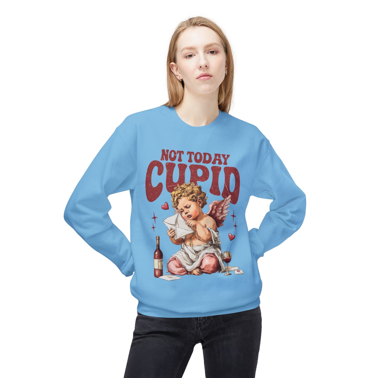 Crewneck Unisex Sweatshirt — "Not Today Cupid" Vintage Cherub Valentine Anti-Love Pullover