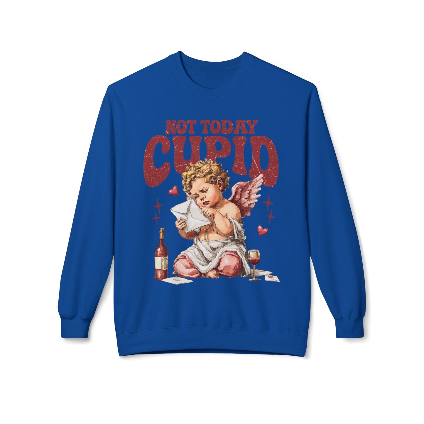 Crewneck Unisex Sweatshirt — "Not Today Cupid" Vintage Cherub Valentine Anti-Love Pullover