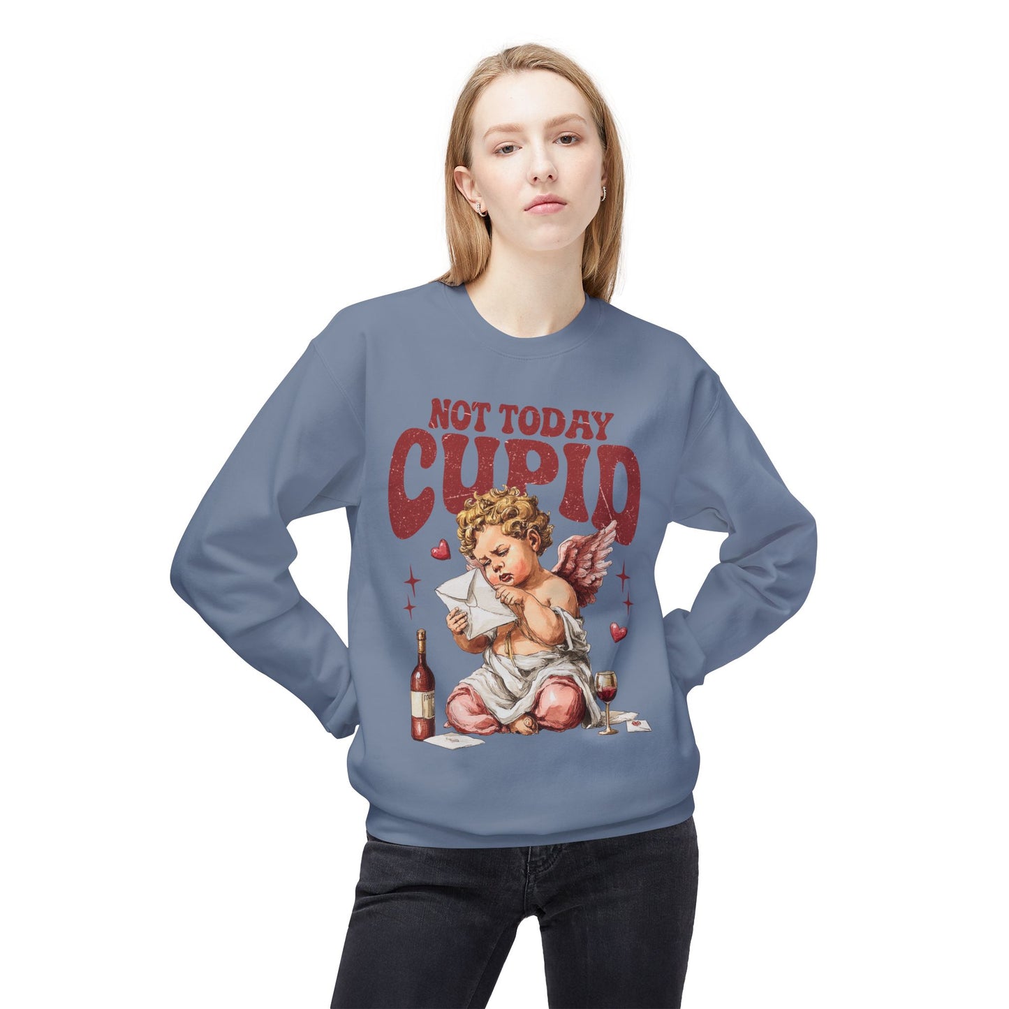 Crewneck Unisex Sweatshirt — "Not Today Cupid" Vintage Cherub Valentine Anti-Love Pullover