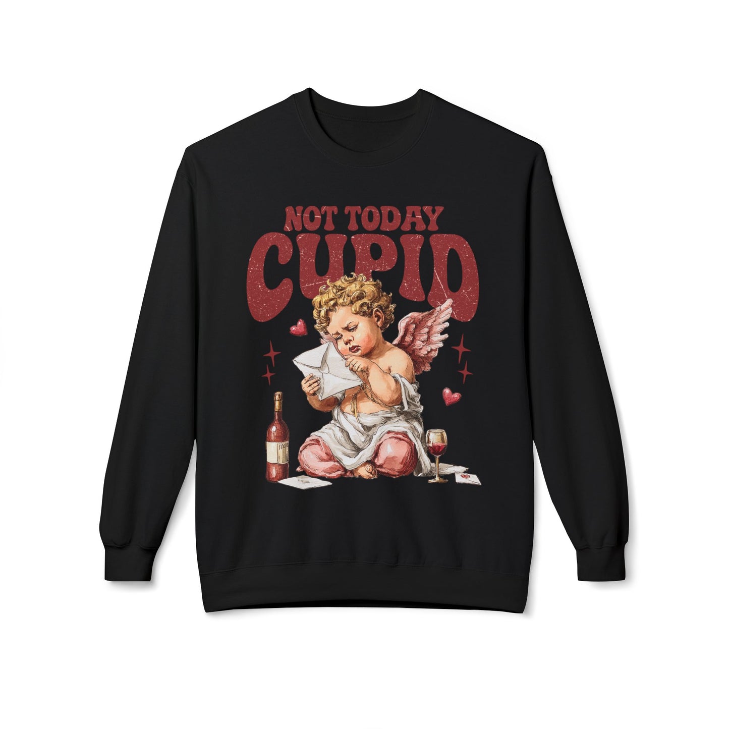 Crewneck Unisex Sweatshirt — "Not Today Cupid" Vintage Cherub Valentine Anti-Love Pullover