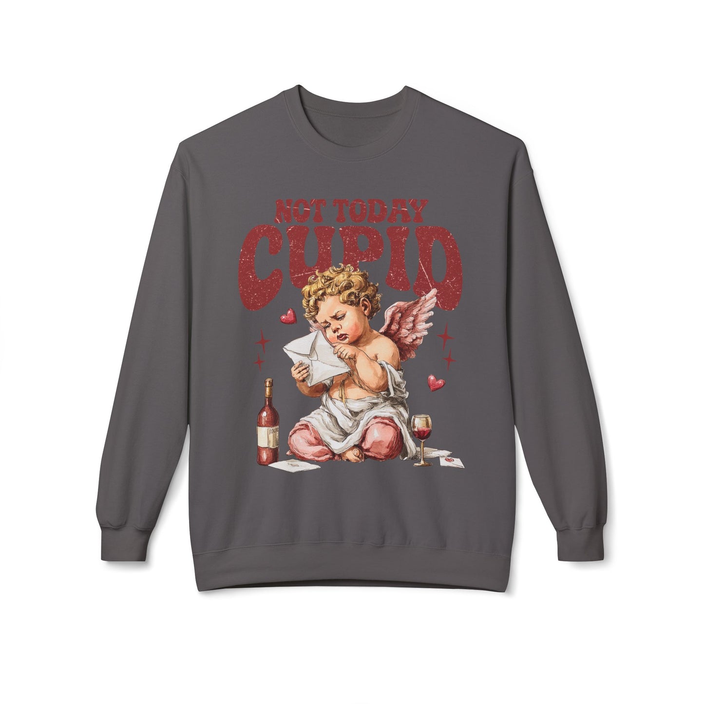 Crewneck Unisex Sweatshirt — "Not Today Cupid" Vintage Cherub Valentine Anti-Love Pullover