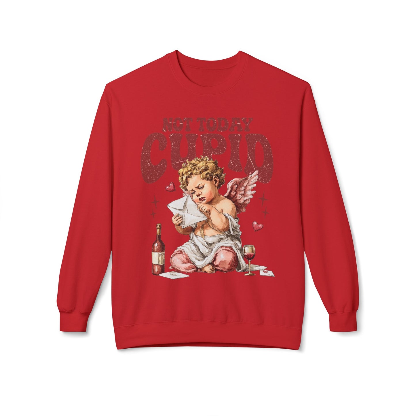 Crewneck Unisex Sweatshirt — "Not Today Cupid" Vintage Cherub Valentine Anti-Love Pullover